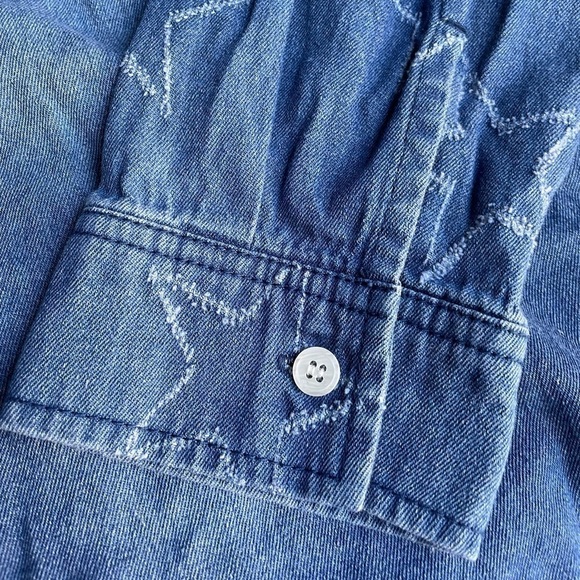 Fun Denim Button Down Shirt Distressed Star Pattern Throughout Boxy Cut SZ M - Picture 6 of 11